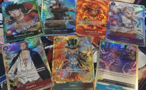 one_piece_tcg_holographic_cards_spread one piece tgc singles , A spread of holographic One Piece TCG cards including Monkey D. Luffy, Shanks, Portgas D. Ace, and Sabo pulled from a booster pack