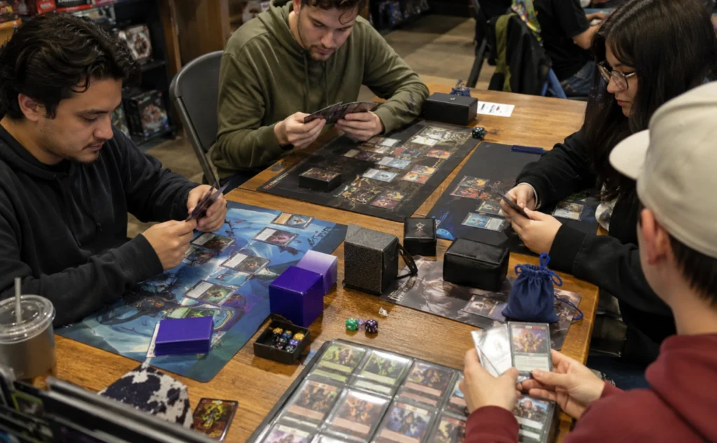 SakuraPlay | One Piece TCG Singles vs. Sealed Products: What Fits Your Collecting Style? People playing with One Piece TCG singles on playmats at a trading card game session